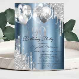 Invitación Silver Glitter Drips Balloons Blue Metallic 90th 