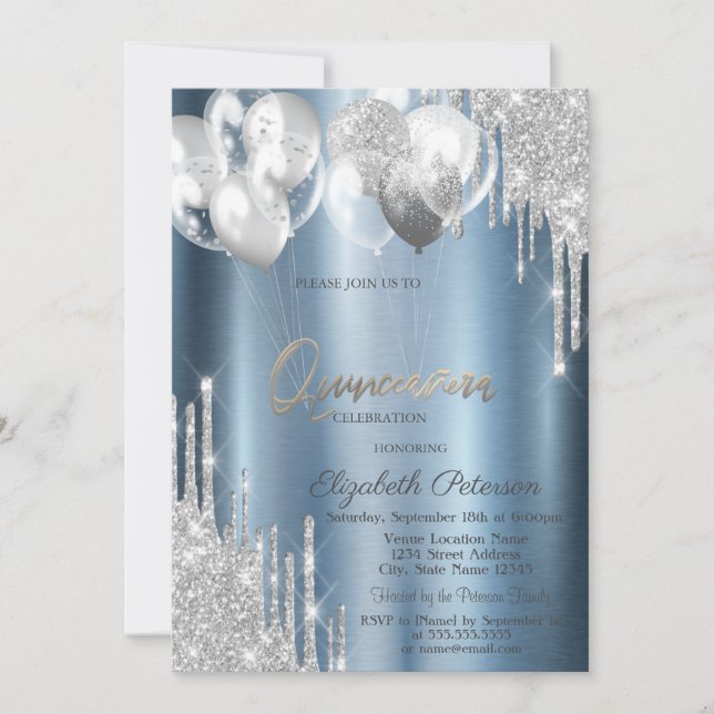 Invitación Silver Glitter Drips Balloons Blue Quinceanera (Anverso)
