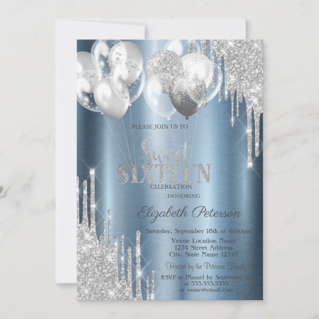 Invitación Silver Glitter Drips Balloons Blue Sweet 16 (Anverso)