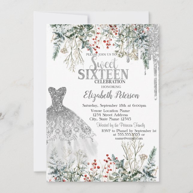 Invitación Silver Glitter Drips,Dress Winter Flowers Sweet 16 (Anverso)