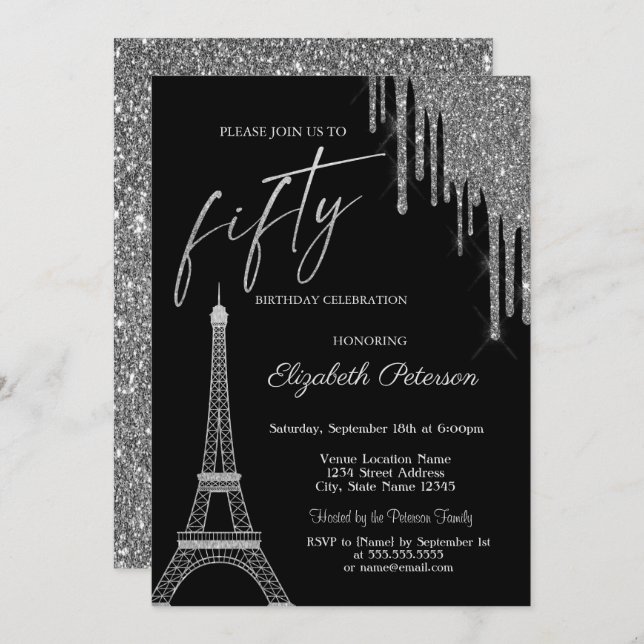 Invitación Silver Glitter Drips, Eiffel Tower 50t Birthday  (Anverso / Reverso)