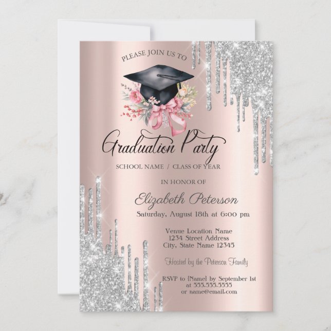 Invitación Silver Glitter Drips Floral Grad Cap Rose Gold (Anverso)