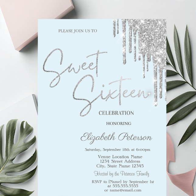 Invitación Silver Glitter Drips Light Blue Simple  Sweet 16   (Subido por el creador)