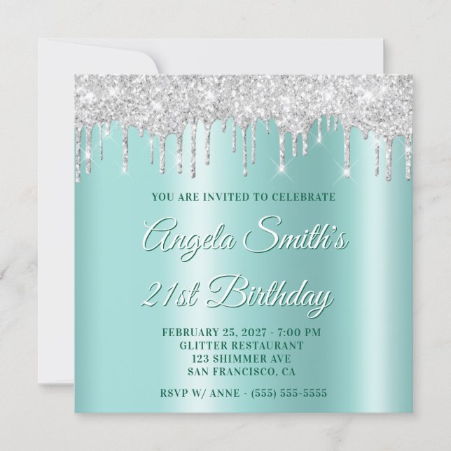Invitación Silver Glitter Drips Light Teal Ombre Drop Shadow (Anverso)