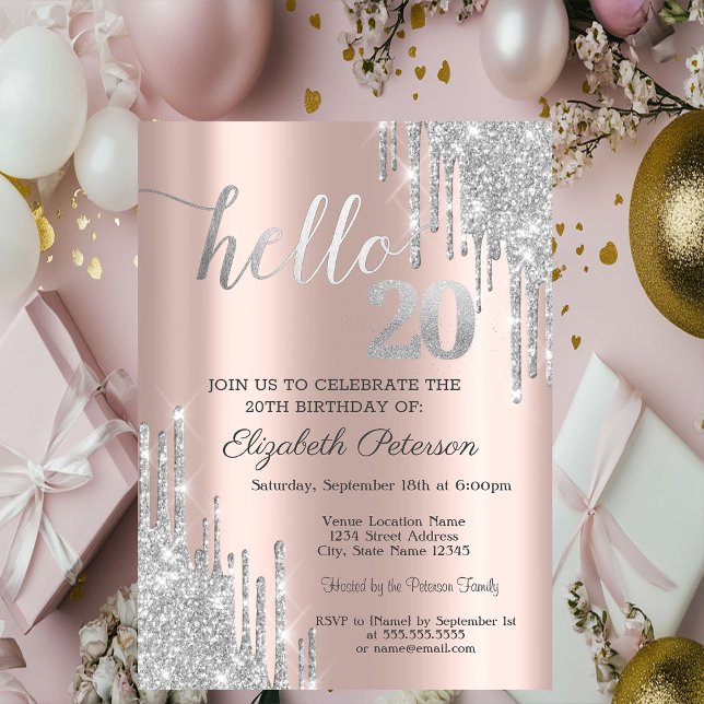 Invitación Silver Glitter Drips Rose Gold 20th Birthday   (Subido por el creador)