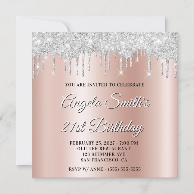 Invitación Silver Glitter Drips Rose Gold Ombre Drop Shadow (Anverso)