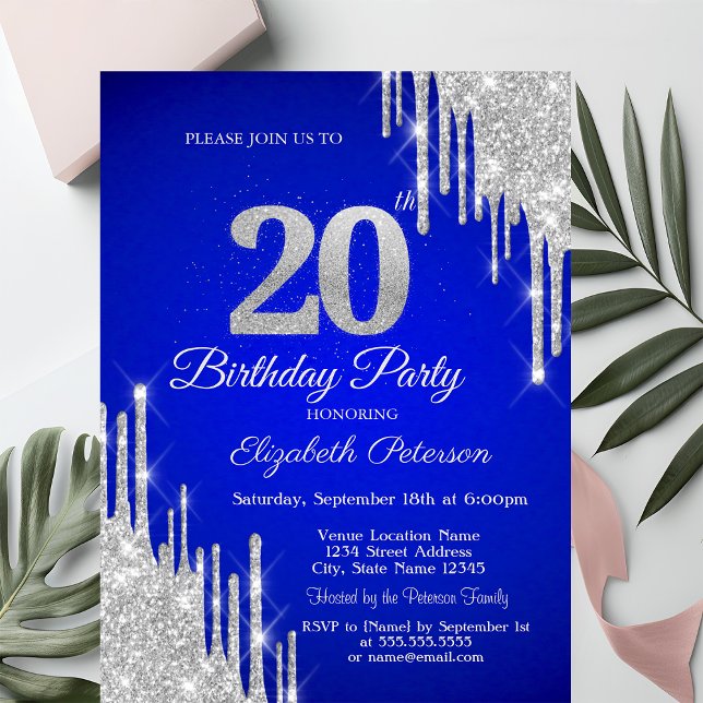 Invitación Silver Glitter Drips Royal Blue 20th Birthday  (Subido por el creador)