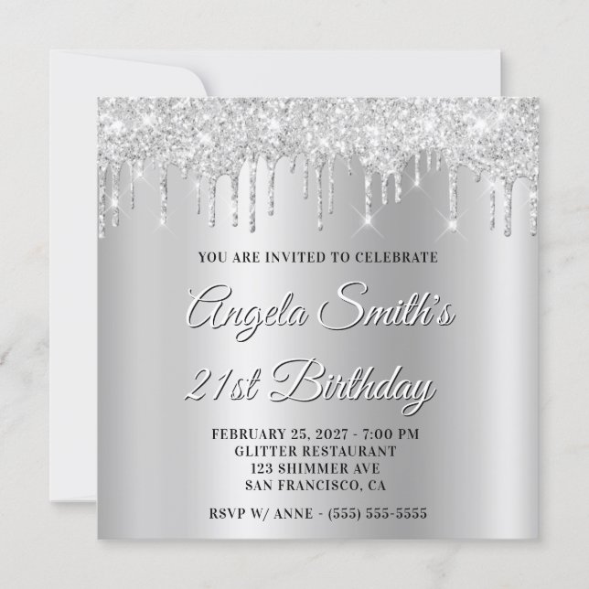 Invitación Silver Glitter Drips Shimmer Ombre Drop Shadow (Anverso)