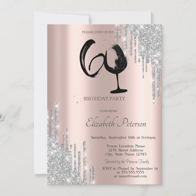 Invitación Silver Glitter Drips Wine Glass Rose Gold 60th  (Anverso)