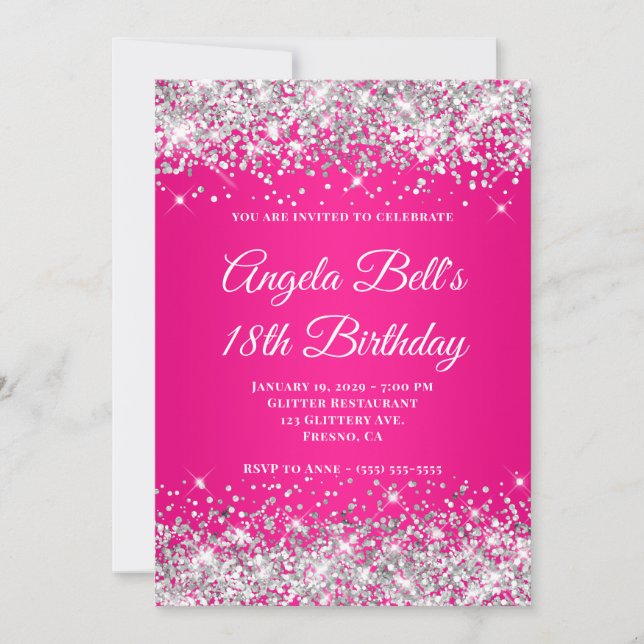 Invitación Silver Glitter Hot Pink Ombre 18th Birthday (Anverso)