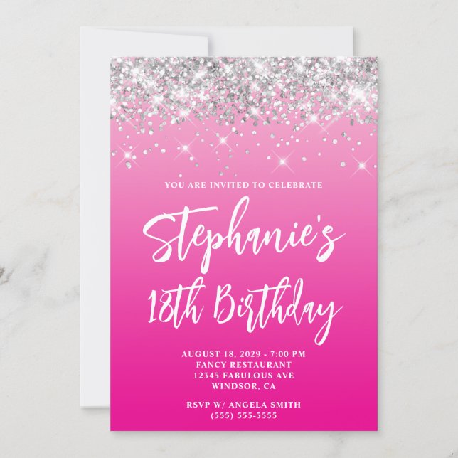 Invitación Silver Glitter Hot Pink Ombre Bold 18th Birthday (Anverso)