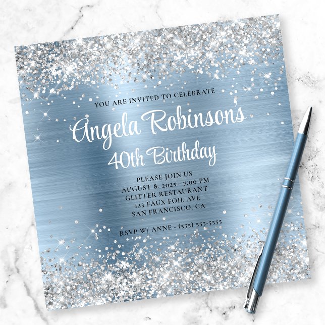 Invitación Silver Glitter Light Blue Glam 40th Birthday (Subido por el creador)