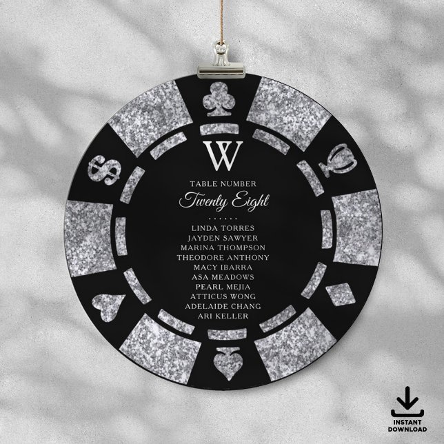 Invitación Silver Glitter Monogram Poker Chip Casino Wedding (Subido por el creador)