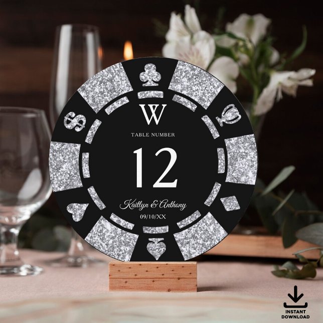 Invitación Silver Glitter Monogram Poker Chip Casino Wedding (Subido por el creador)