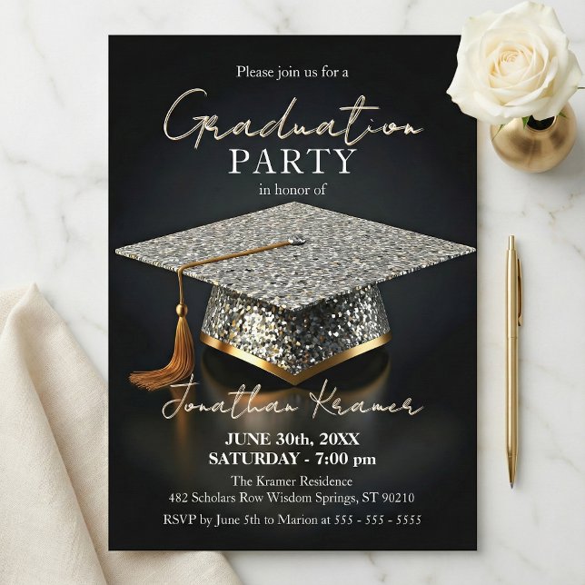 Invitación Silver Glitter Mosaic Black Gold Graduation Party (Subido por el creador)