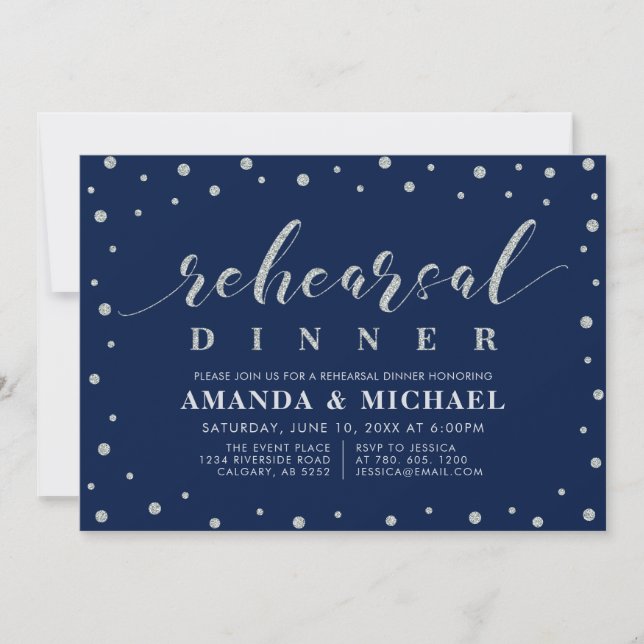 Invitación Silver Glitter & Navy | Cena de Ensayo de Boda I (Anverso)