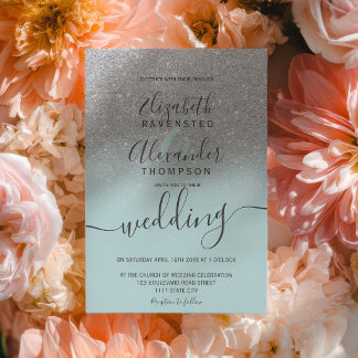 Invitación Silver glitter ombre sage green script wedding
