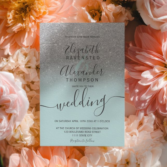 Invitación Silver glitter ombre sage green script wedding (Silver glitter ombre sage green script wedding invitation)