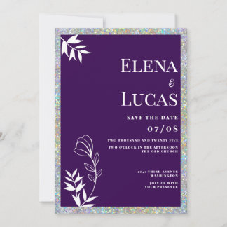 Invitación Silver glitter purple white sketch floral wedding