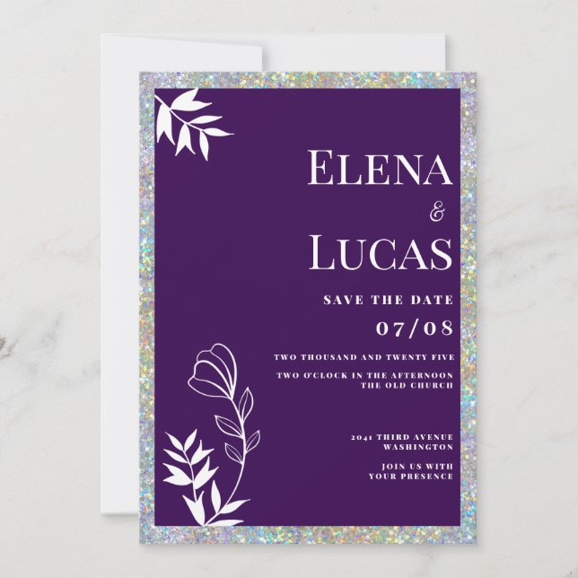 Invitación Silver glitter purple white sketch floral wedding  (Anverso)