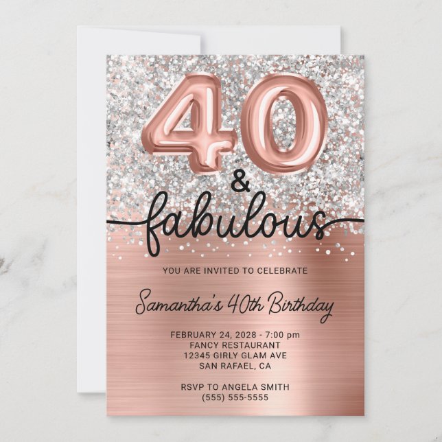 Invitación Silver Glitter Rose Gold Glam 40 and Fabulous (Anverso)