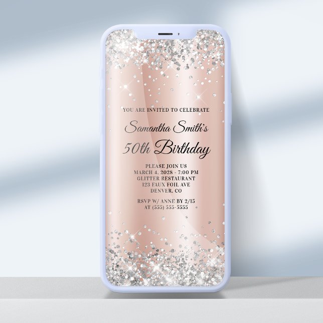 Invitación Silver Glitter Rose Gold Ombre 50th Birthday (Subido por el creador)