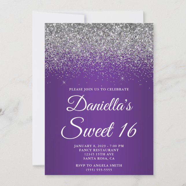 Invitación Silver Glitter Royal Purple Gradient Sweet 16 (Anverso)