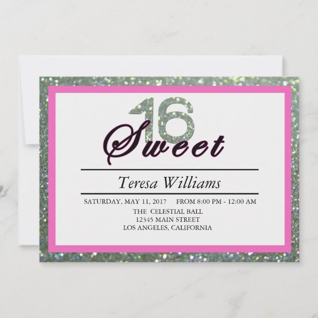 Invitación Silver Glitter Sweet 16 Birthday Party Invitation (Anverso)