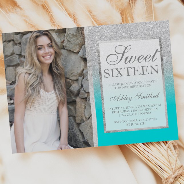 Invitación Silver glitter teal ombre photo Sweet 16 (Subido por el creador)
