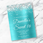 Invitación Silver Glitter Turquoise Blue Foil Sweet 16<br><div class="desc">Create your own stylish 16th birthday celebration invitation for your daughter. Decorative faux sparkly light silver glitter graphics form a top border. The background digital art features a shiny aqua blue and turquoise ombre style brushed metal foil. Customize the invitation white text color or font styles. The "Sweet 16" text...</div>