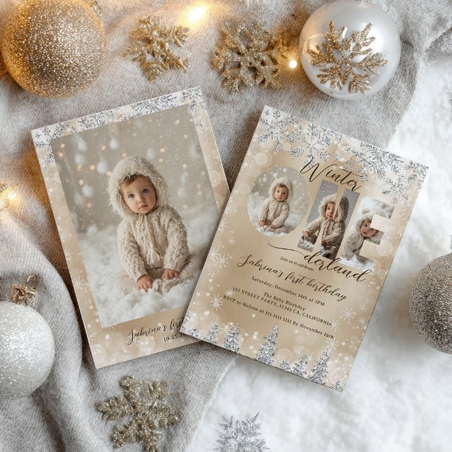 Invitación Silver Gold Winter ONEderland Photo First Birthday (Silver Gold Winter ONEderland Photo First Birthday Invitation)