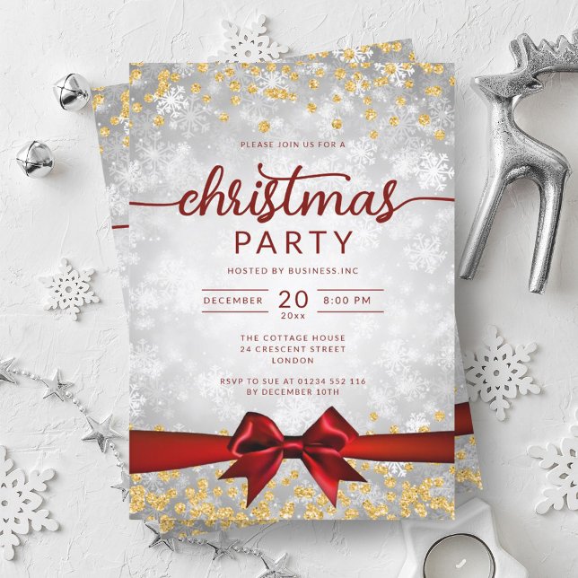 Invitación Silver Gold Winter Snowflakes Company Red Ribbon (Silver Gold Winter Snowflakes Company Red Ribbon Invitation)