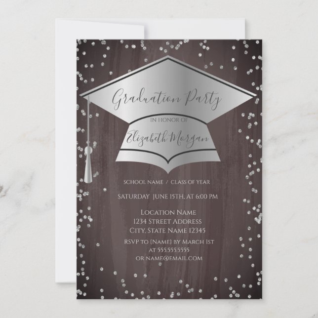 Invitación Silver Graduation Cap,Diamonds Brown Graduation (Anverso)