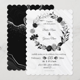 Invitación silver gray & black floral wreath wedding