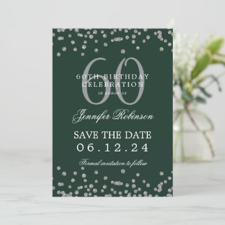 Invitación Silver Green 60 Cumpleaños Save Date Confetti