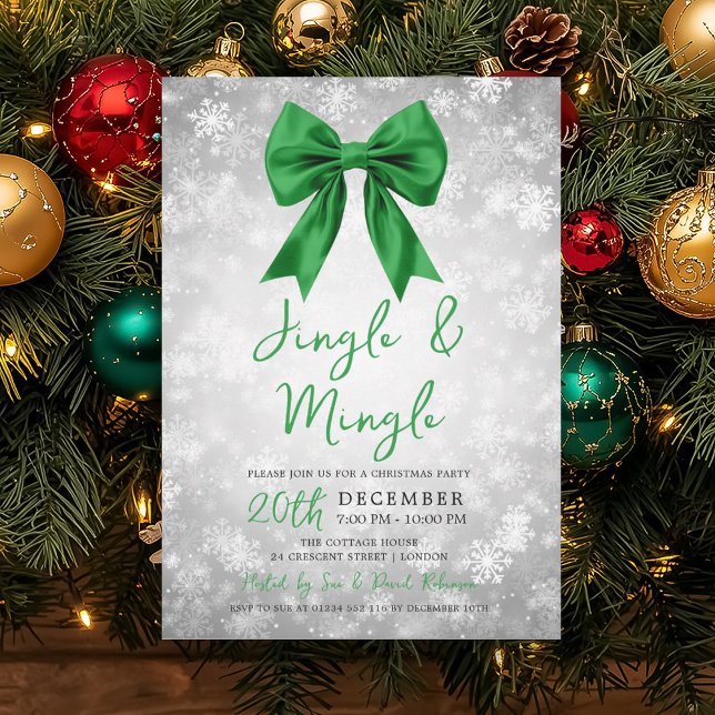 Invitación Silver Green Jingle Mingle Xmas Party Bow Snow  (Subido por el creador)