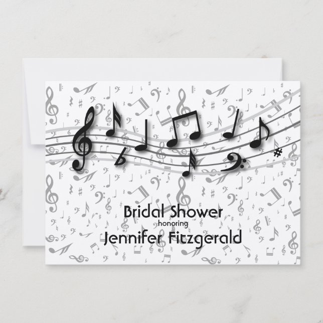 Invitación Silver Grey and black music Notes Bridal Shower (Anverso)