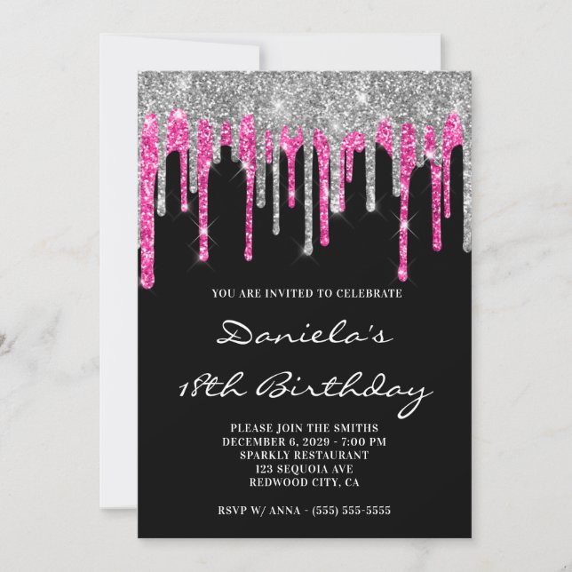 Invitación Silver Hot Pink Glitter Drips Black 18th Birthday (Anverso)