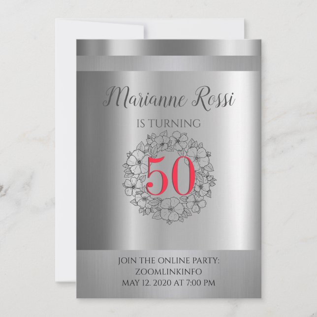 Invitación Silver Metallic Online Virtual 50 cumpleaños (Anverso)