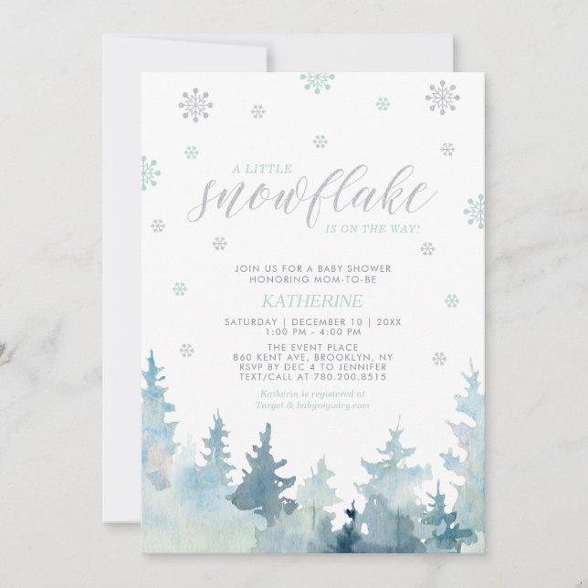 Invitación Silver & Mint | Copo de Nieve Invierno Baby Shower (Anverso)