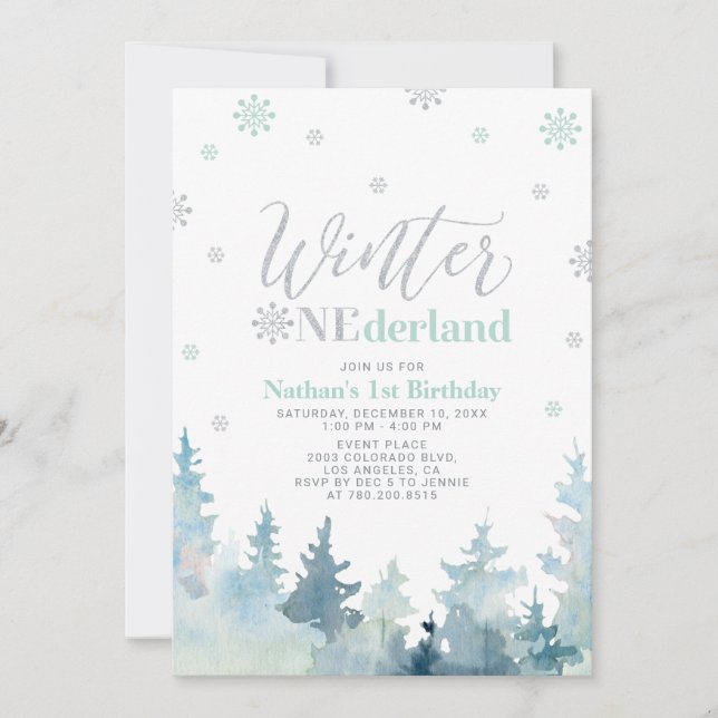 Invitación Silver & Mint Winter onederland Primer fiesta de c (Anverso)
