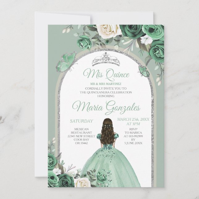Invitación Silver Mis Quince Dusty Green Floral Quinceañera (Anverso)