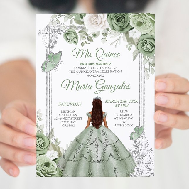 Invitación Silver Mis Quince Sage Green Floral Quinceañera (Subido por el creador)