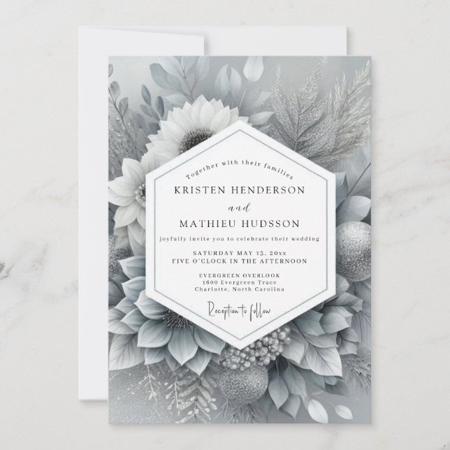 Invitación Silver Monochromatic Bloom Wedding (Anverso)