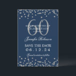 Invitación Silver Navy Blue 60th Birthday Save Date Confetti<br><div class="desc">Elegante diseño de la "Fiesta del Cumpleaños 60" con confetti falso purpurina y texto de detalles. Fácil de usar y fácil de personalizar. ¡No te quedes sin el tuyo!</div>