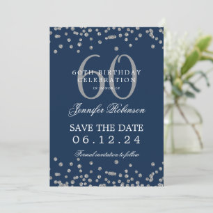 Invitación Silver Navy Blue 60th Birthday Save Date Confetti