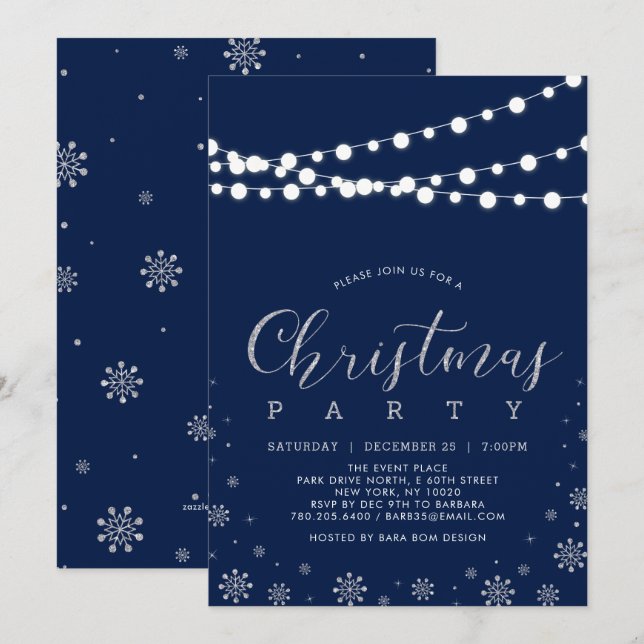 Invitación Silver & Navy | Fiestas de Navidad con copos de ni (Anverso / Reverso)