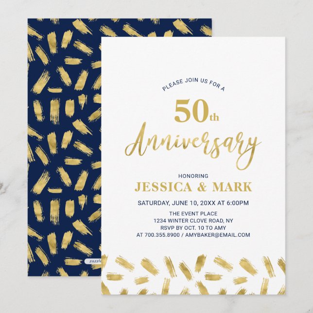 Invitación Silver & Navy | Moderno 50 Aniversario de Boda (Anverso / Reverso)