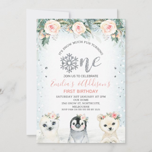 Invitación Silver One Twins Winter Animals 1er cumpleaños (Anverso)
