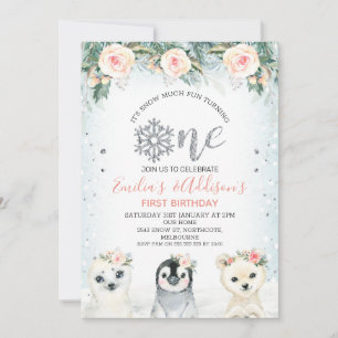 Invitación Silver One Twins Winter Animals 1er cumpleaños